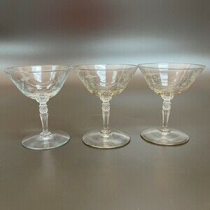 Etched Glass Glasses Stemmed Roses Floral 4 5/8" high Lot of 3